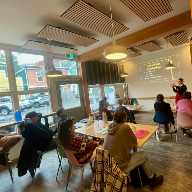 The Fireweed Hub's flex space became a classroom, with attendees listening to Mandi's presentation on establishing productive relationships with complementary businesses, suppliers and retailers